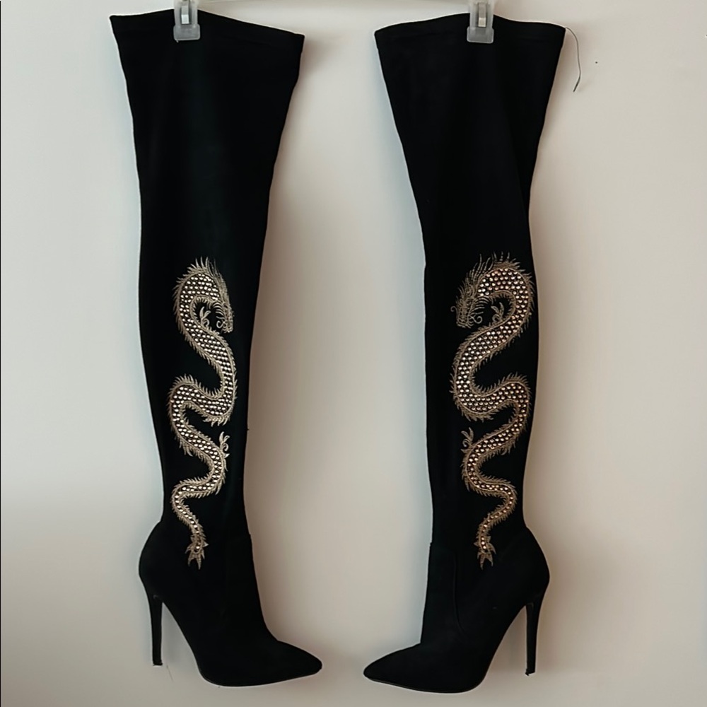 Black Over-the-Knee Boots with Gold Dragon Embellishment. Size 7.5